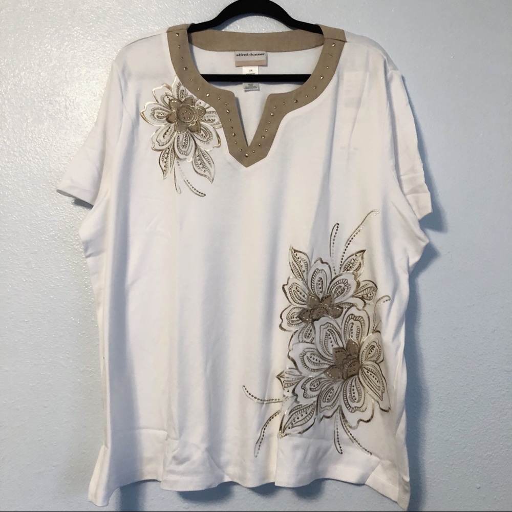 Alfred Dunner White & Tan Floral T-Shirt